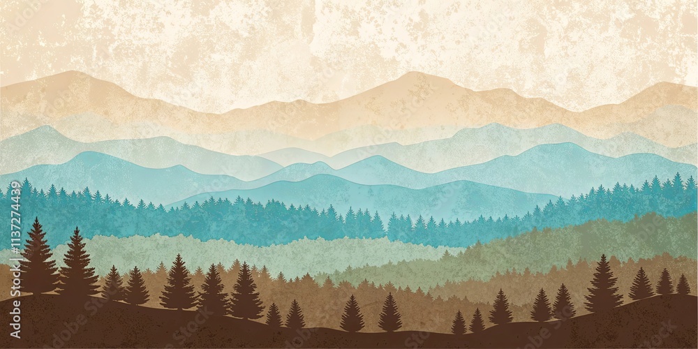 Poster a mountain range with a forest in the foreground