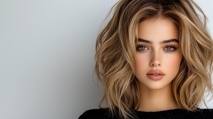 Fototapeta premium Elegant minimalist blonde model soft winter fashion photoshoot natural makeup luminous skin pure white background boho chic. Ultra-Realistic, Photo Realistic, highly detailed, 