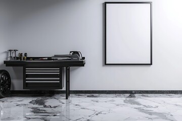 Functional garage area with a sleek tool bench and vertical poster frame placed on resilient marble floor, merging practicality with modern design.