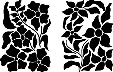 Abstract flowers and geometric shapes black silhouette set. Matisse inspired art vector illustration.