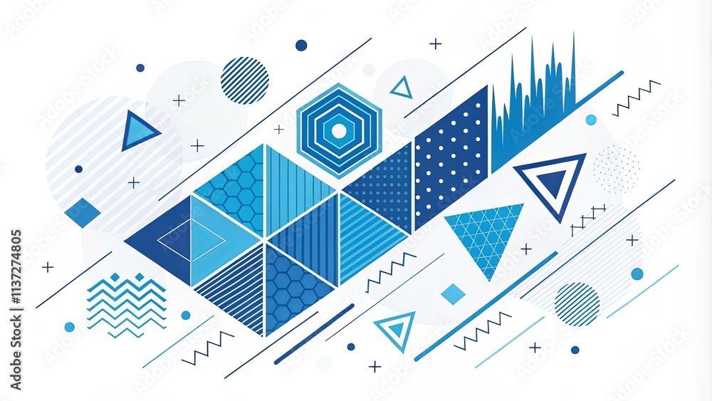 Poster a blue and white abstract design with a lot of triangles and squares