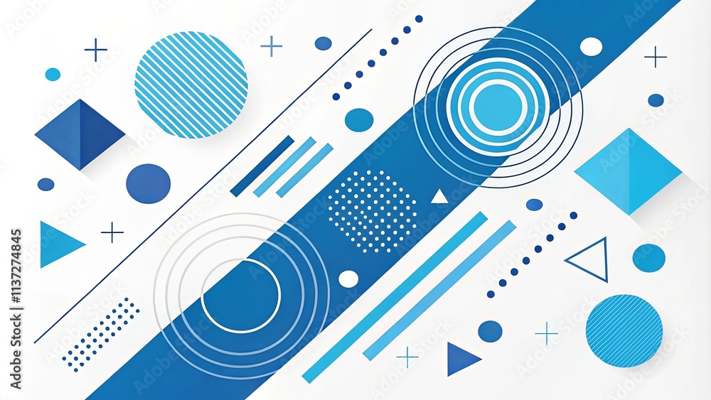Poster a blue and white background with a lot of different shapes and circles