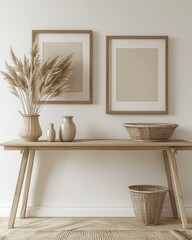 Simple Scandinavian console table with a blank poster frame in a light-colored interior.