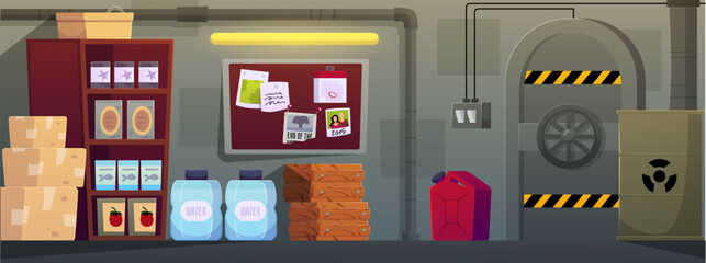 Underground bunker stocks storage interior, vector cartoon illustration of shelter room with hopper door, canned food