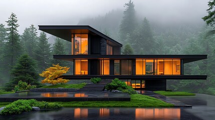 Forested suburban estate hidden architecture natural surroundings sophisticated design soft lighting. Ultra-Realistic, Photo Realistic, highly detailed, 