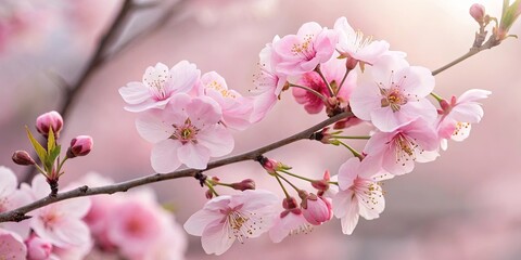 A branch of pink flowers with a pink background