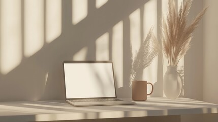 Sleek home office setup with laptop mockup on white table, natural window light, coffee mug, and vase filled with pampas grass.