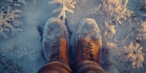 Snowy Winter Boots Hike Frost Covered Footwear Cold Weather Trekking