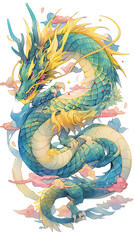 A vibrant, mythical dragon coiling through clouds, showcasing intricate scales and colors.