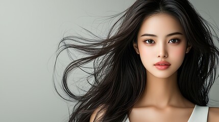 Fototapeta premium Modern beauty photography showcasing Asian model, dynamic hair composition, pristine white top, minimalist gray environment. Ultra-Realistic, Photo Realistic, highly detailed, 