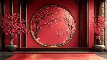 Red interior with circular window, blossoming trees, and dark wood accents.