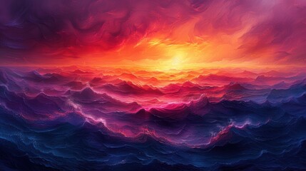 An artistic depiction of a sunset with vibrant orange, pink, and purple hues blending together 