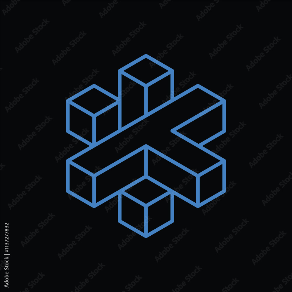 Poster this is an outline logo design of a monogram letter t in 3d hexagonal shape in blue color that looks