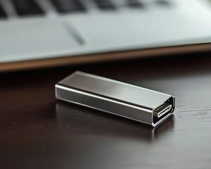 Sleek external hard drive on a desk near a laptop. Perfect for modern storage solutions and tech lifestyle.