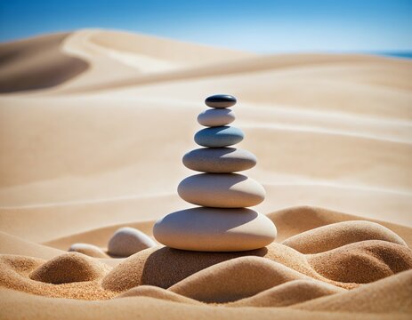 zen stack of stones on the beach sand relaxing mindful mind relief restful balance meditation calm concept spa rocks stability
