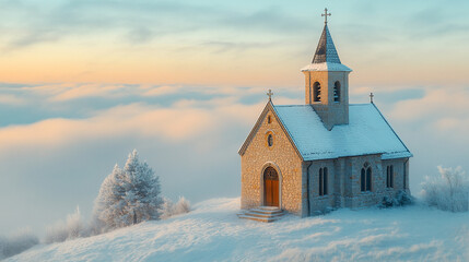 church emerging from the clouds symbolizes spiritual elevation, purity, and divine connection, representing transcendence and a higher connection with the divine amidst chaos