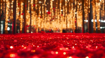 Obraz premium Enchanting Holiday Lights with Glowing Red Particles in a Magical Festive Atmosphere.