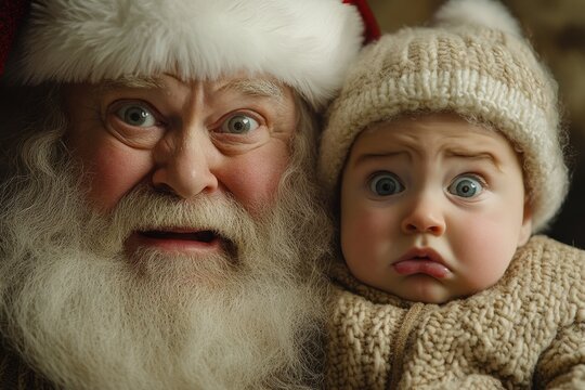 Yule ad campaign artwork artwork for marketing material and online marketing use. Cheerful christmas, &Ntilde;ute baby boy melancholic with santa claus. Santa claus sitting baby. Holiday event photos.