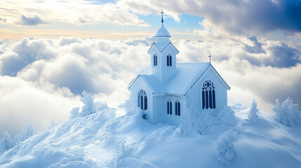 church emerging from the clouds symbolizes spiritual elevation, purity, and divine connection, representing transcendence and a higher connection with the divine amidst chaos