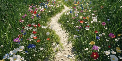 Serene Wildflower Meadow Path Nature Trail Spring Blooms Colorful Flowers Grassy Landscape