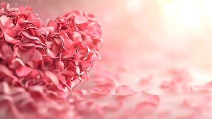 Fototapeta premium Falling Rose Petals Create a Heart Shape Against a Pastel Pink Backdrop Symbolizing Love