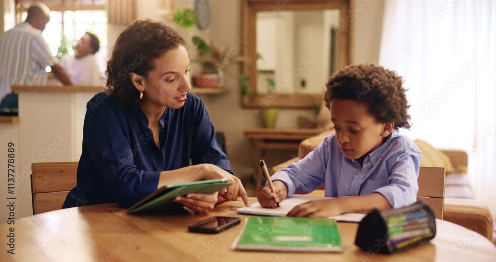 Poster Homework, tablet and teaching with child and mother for learning, education and development. Studying, writing and tutor with kid in family home for help, test solution and project together.