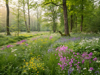 Naklejka premium field of flowers. flower, nature, spring, forest, tree, flowers, grass, landscape, trees, park, meadow, summer, bluebells, garden, woods, plant, wild, field, blue, bluebell, wood, beauty, season, blos