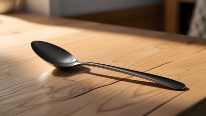 Shiny Metal Spoon Resting on a Wooden Subtle Grain Table Surface