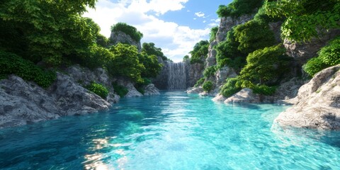 Serene Lagoon Waterfall Tropical Paradise Nature Escape