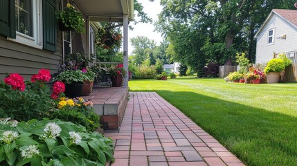 Naklejka premium A cozy front lawn featuring a brick walkway leading to a porch with potted plants on either side