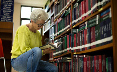 Elder woman sitting enjoys reading book in quiet of the library appears focused and content books with the idea of self-growth and discovery at any stage of life.