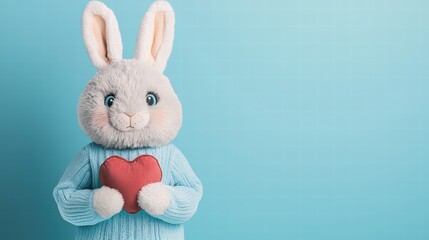 Fototapeta premium Valentine's day bunny holding heart soft blue background cute animal image playful environment whimsical viewpoint love concept