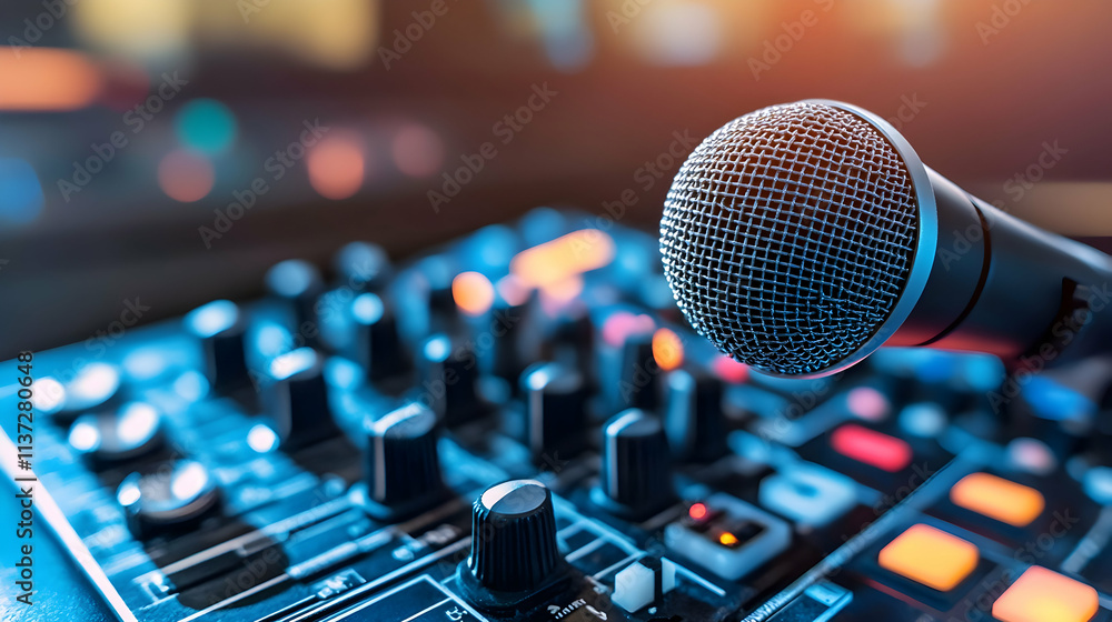 Poster close-up of condenser microphone in recording studio with blurred background