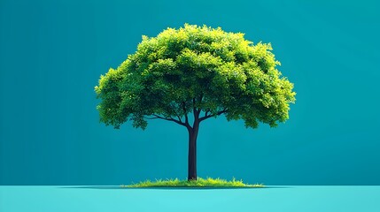 A vibrant green tree stands tall against a bright blue background, symbolizing growth and nature's beauty. The lush foliage contrasts strikingly with the serene backdrop.