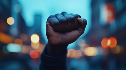 close-up of a raised fist, symbolizing unity, strength, and the fight for equality, set against a blurred, chaotic background representing the struggle against injustice and oppression