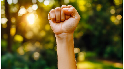 close-up of a raised fist, symbolizing unity, strength, and the fight for equality, set against a blurred, chaotic background representing the struggle against injustice and oppression