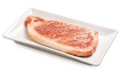 Fresh A5 Japanese Wagyu Beef Grading on white white dish, Raw Japanese premium grade A5 Wagyu marble beef isolate on white with clipping path.