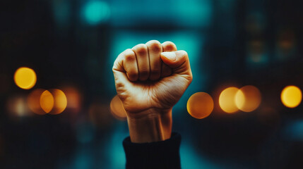close-up of a raised fist, symbolizing unity, strength, and the fight for equality, set against a blurred, chaotic background representing the struggle against injustice and oppression