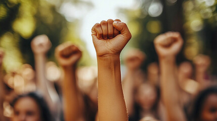 close-up of a raised fist, symbolizing unity, strength, and the fight for equality, set against a blurred, chaotic background representing the struggle against injustice and oppression