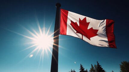 Symbol of national pride: Canada flag soaring under a cloudless sky.