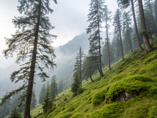 Obraz premium forest in the mountains. forest, mountain, landscape, nature, tree, mountains, sky, trees, pine, summer, green, snow, travel, clouds, view, scenery, lake, park, peak, grass, hill, spring, wilderness, 