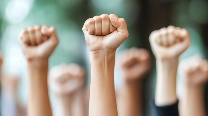 raised fist, symbolizing unity, strength, and the fight for equality, set against a blurred, chaotic background representing the struggle against injustice and oppression