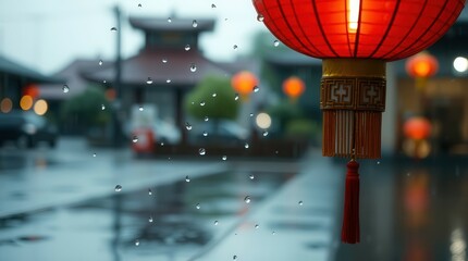 A rainy Chinese New Year day with red lanterns reflecting on the wet street under a gray sky.