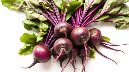 Fresh beetroot with vibrant purple skin and delicate green tops, isolated on a clean white background, raw, natural