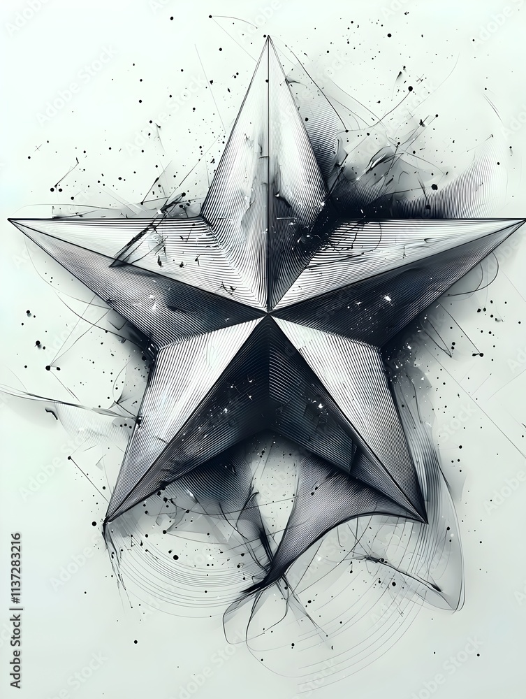 Poster a striking three-dimensional star design, featuring intricate line details and an artistic black-and
