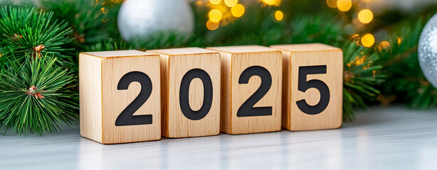 New Year Banner with Fireworks and Wooden Cubes Displaying