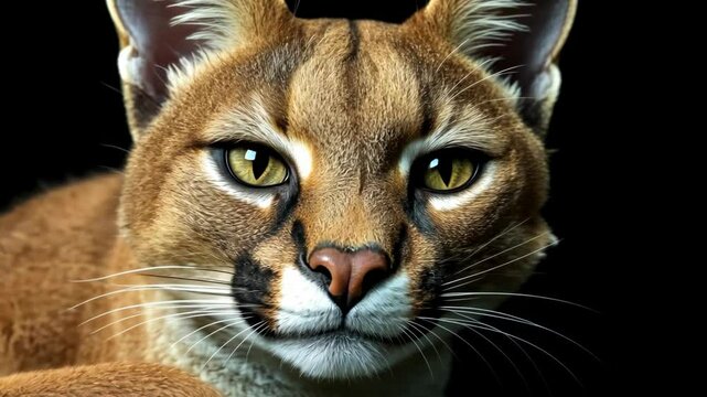 Majestic caracal displays intense gaze against dark backdrop in wildlife setting