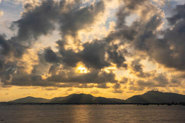 Beautiful clouds in sunset or sunrise over sea,Colorful scenery sunset sky, Amazing clouds wonderful light sky background