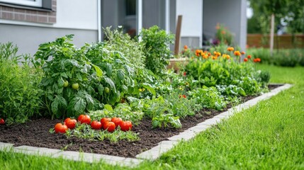 A front lawn with a small vegetable garden growing tomatoes, peppers, and herbs near the house