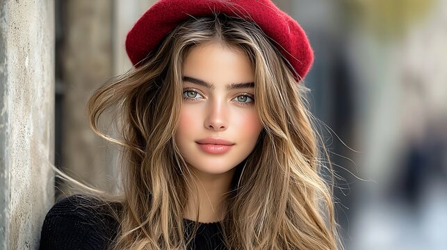 elegant young professional female model red statement beret cinematic paris street scene warm afternoon lighting sophisticated pose high end editorial style 